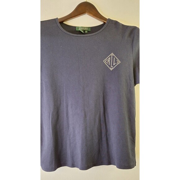 LAUREN RALPH LAUREN Navy Baby Tee Women's Sz L Rhinestone Logo Casual Classic - Picture 5 of 6